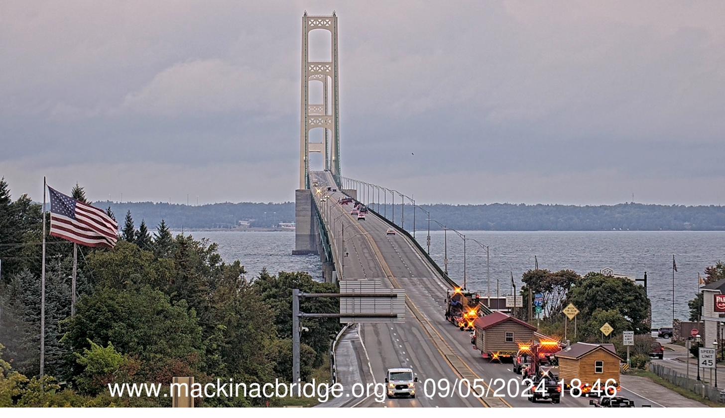 Orana Cabin being transported over the Mackinac Bridge