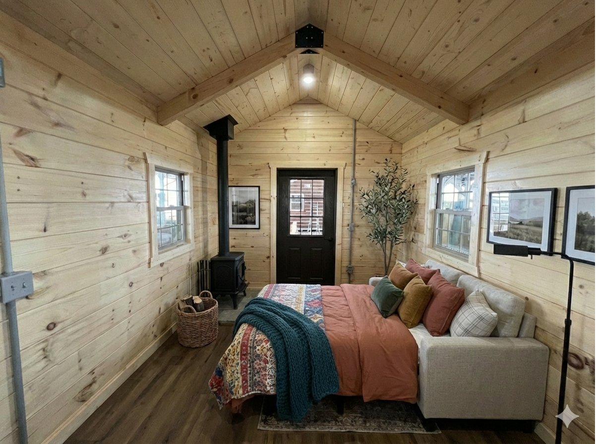 Grand River cabin interior with sofa bed and colourful bedding