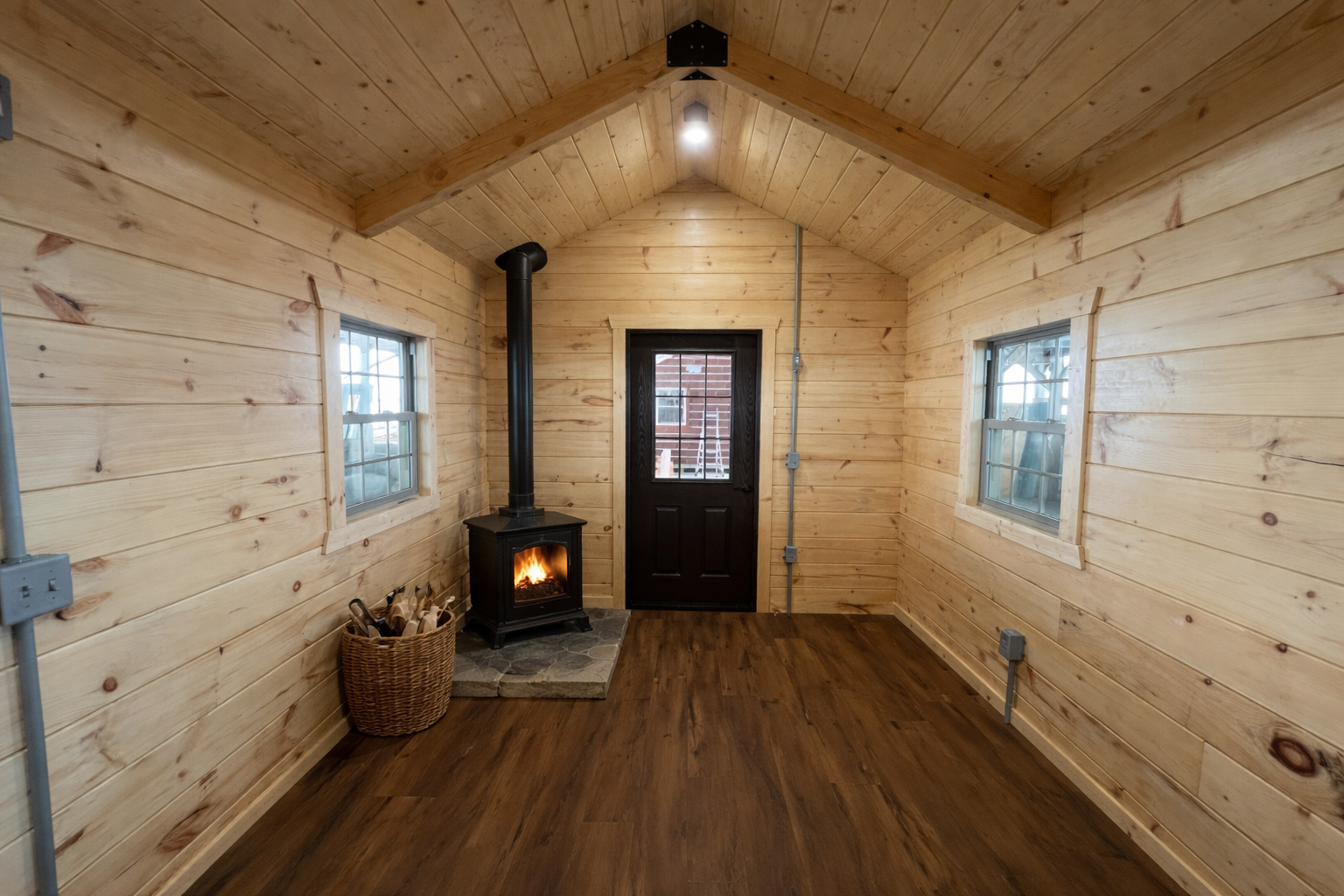 Orana Cabin interior showing cathedral ceiling, wood stove, and dark hardwood floors